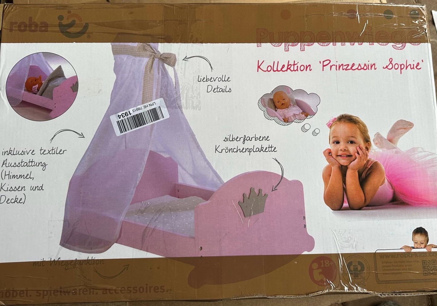 roba Puppenwiege Serie 'Sophie', inkl. textiler Ausstattung, Bettwäsche und Himmel, rosa B-Ware